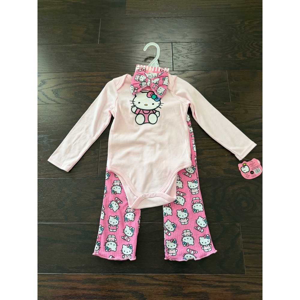 Hello Kitty Sanrio 3pc Bodysuit Ribbed Flare Pants Headband Set Pink 24M NEW